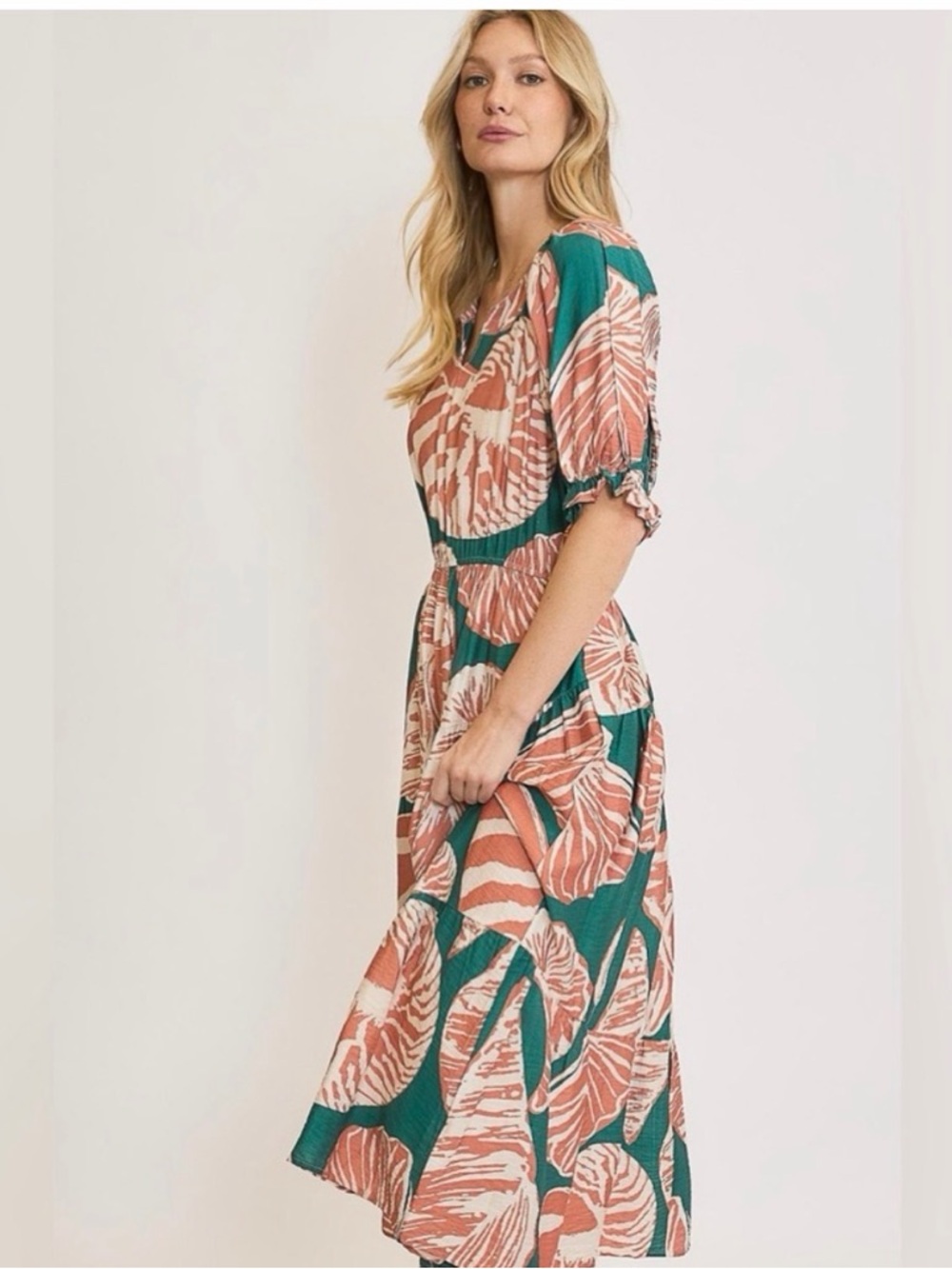 UMGEE Shell Notched Puff Sleeve MIDI MAXI Teal & Coral Tropical Print SM NWT